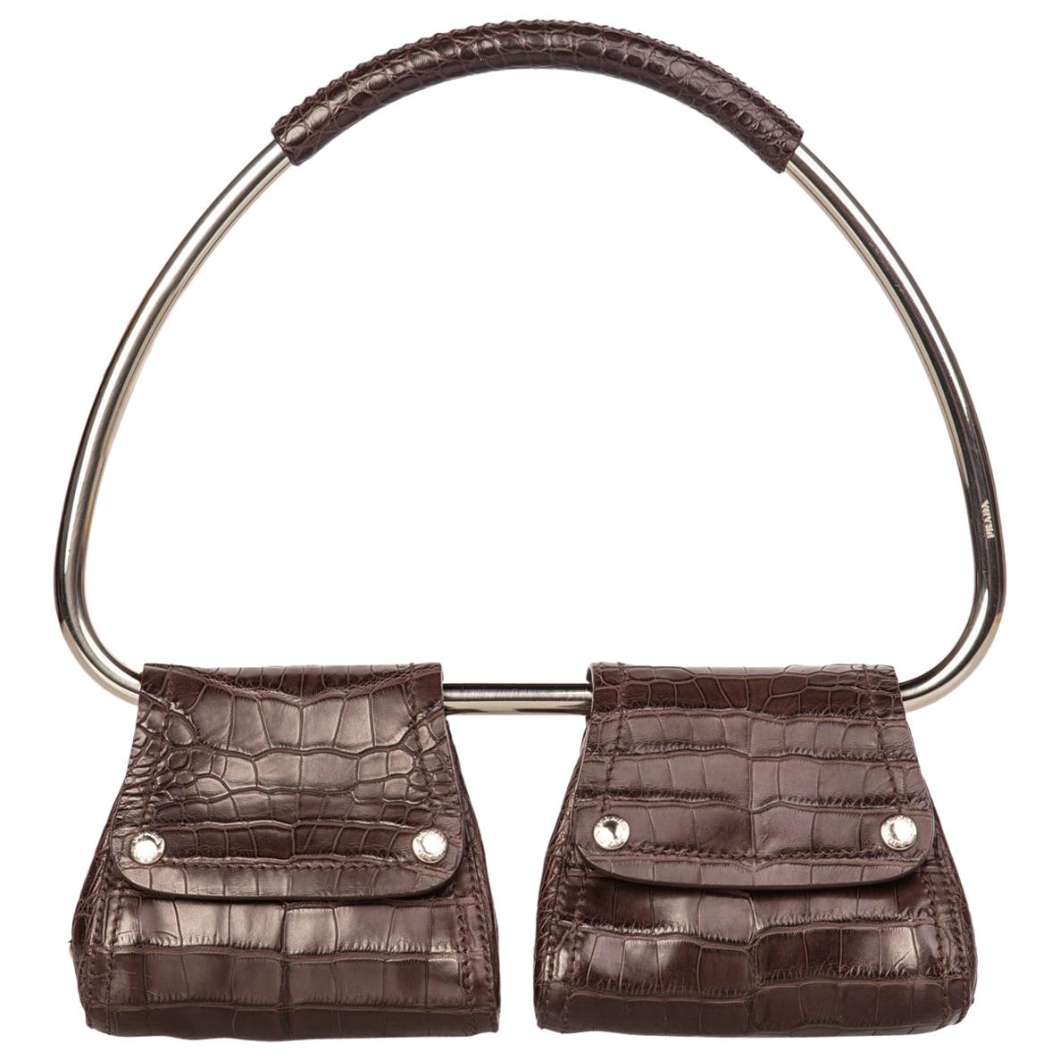 Prada Brown Alligator Embossed Silver Hoop Bag, 2000