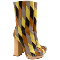 Used Prada Brown and Yellow Leather Platform Boots US 5.5