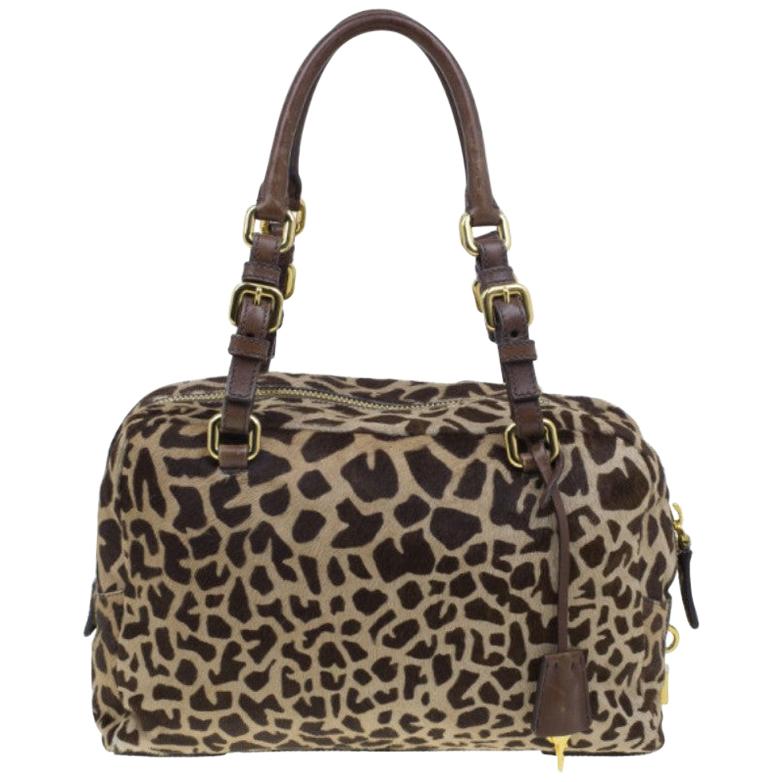 Prada Brown Animal Print Pony Hair Boston Bag