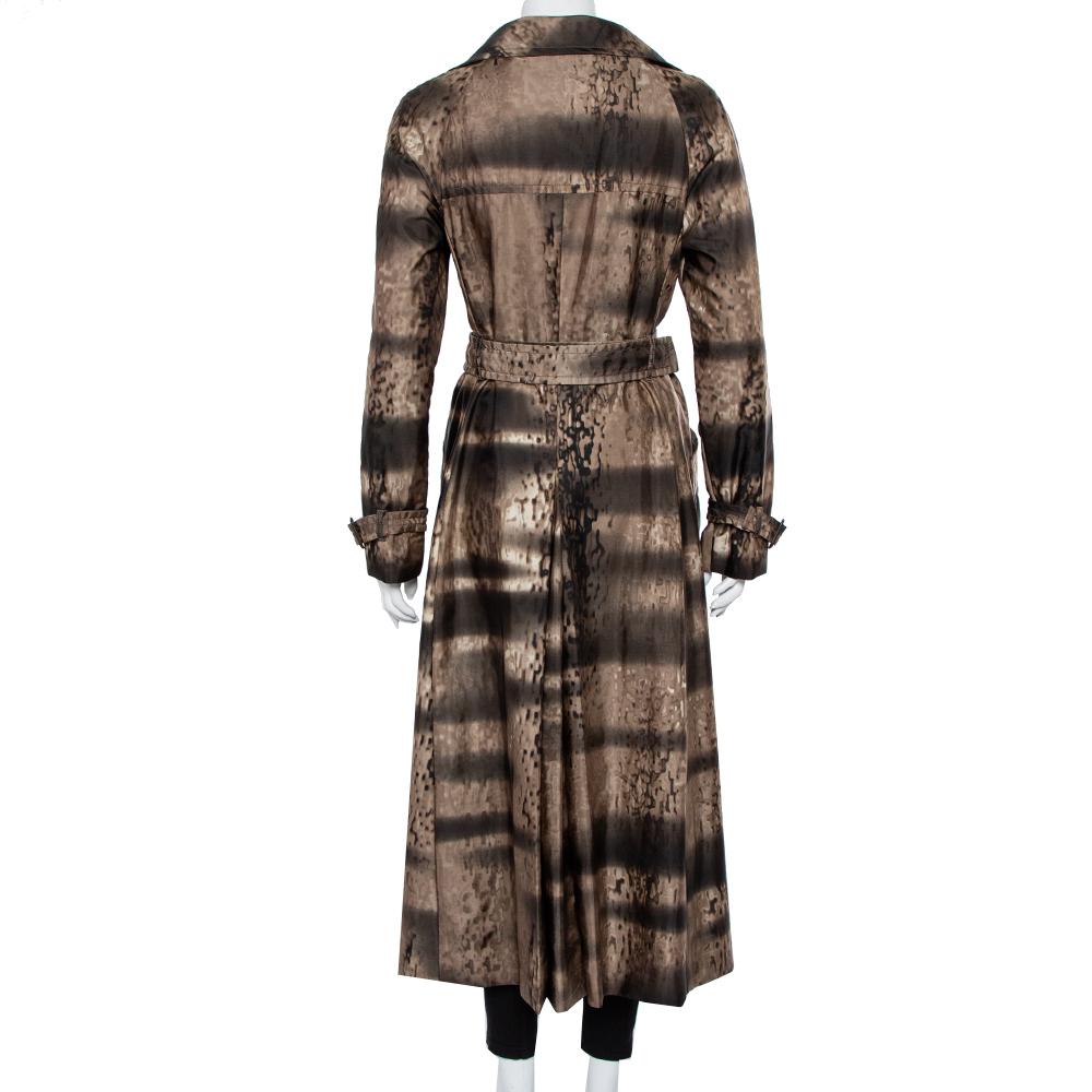 Black Prada Brown Animal Printed Synthetic Belted Double Breasted Trench Coat M