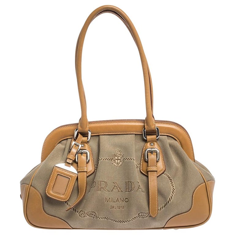 Prada Brown/Beige Canvas and Leather Frame Doctor Satchel at 1stDibs