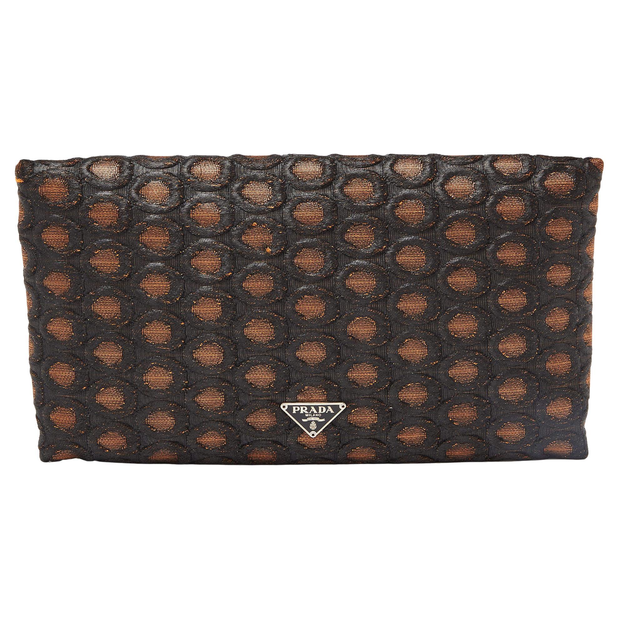 Prada Brown/Beige Embroidered Fabric Frame Clutch