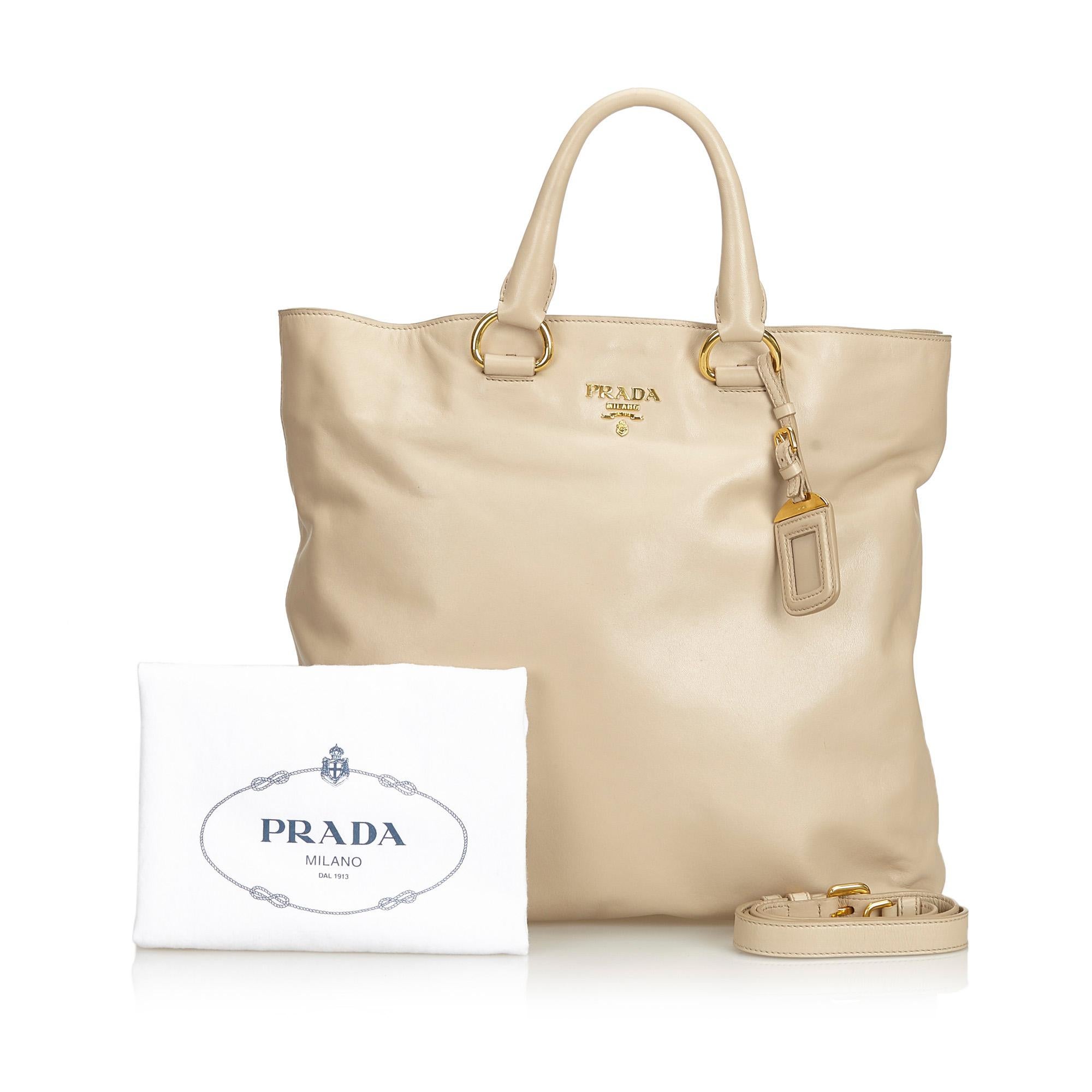 Prada Brown Beige Leather Vitello Daino Tote Bag Italy w/ Dust Bag For Sale 5