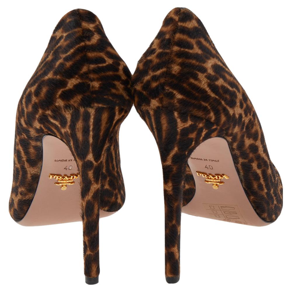 Women's Prada Brown/Beige Leopard Print Calf Hair Peep Toe Pumps Size 40