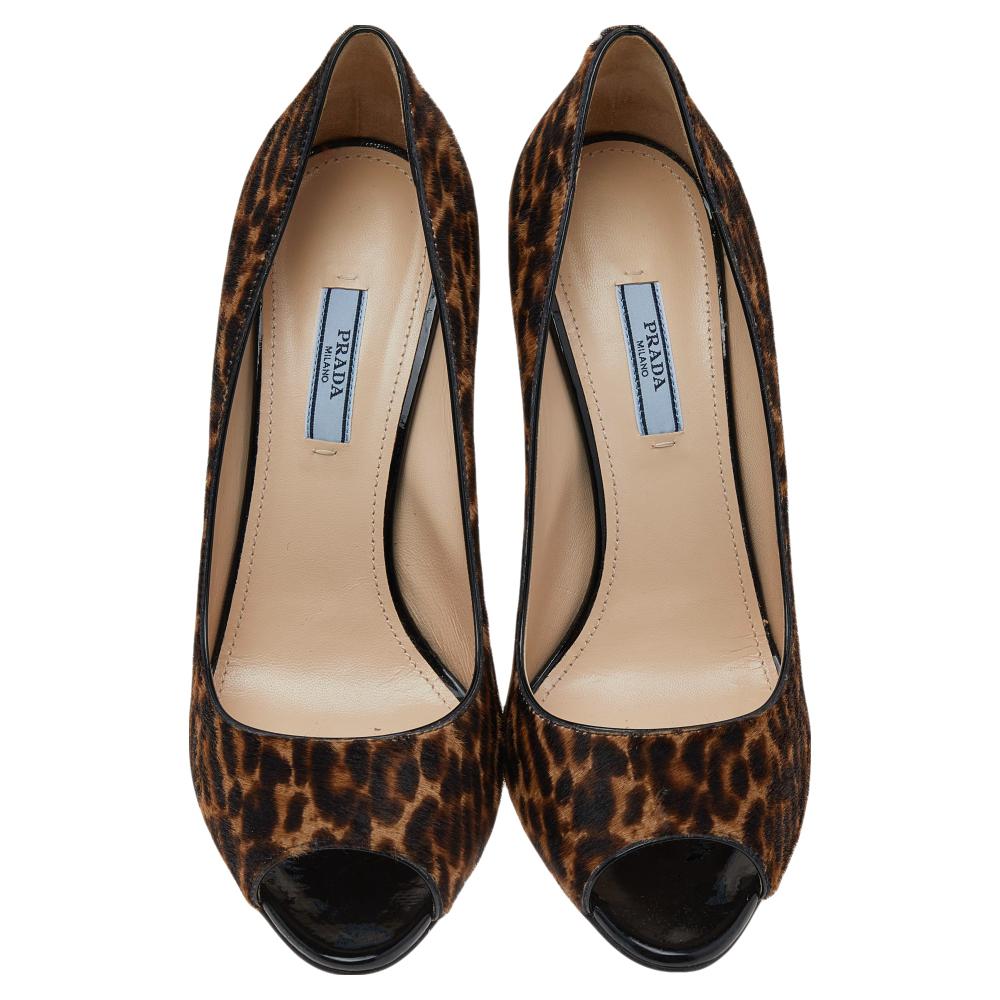 Prada Brown/Beige Leopard Print Calf Hair Peep Toe Pumps Size 40 1