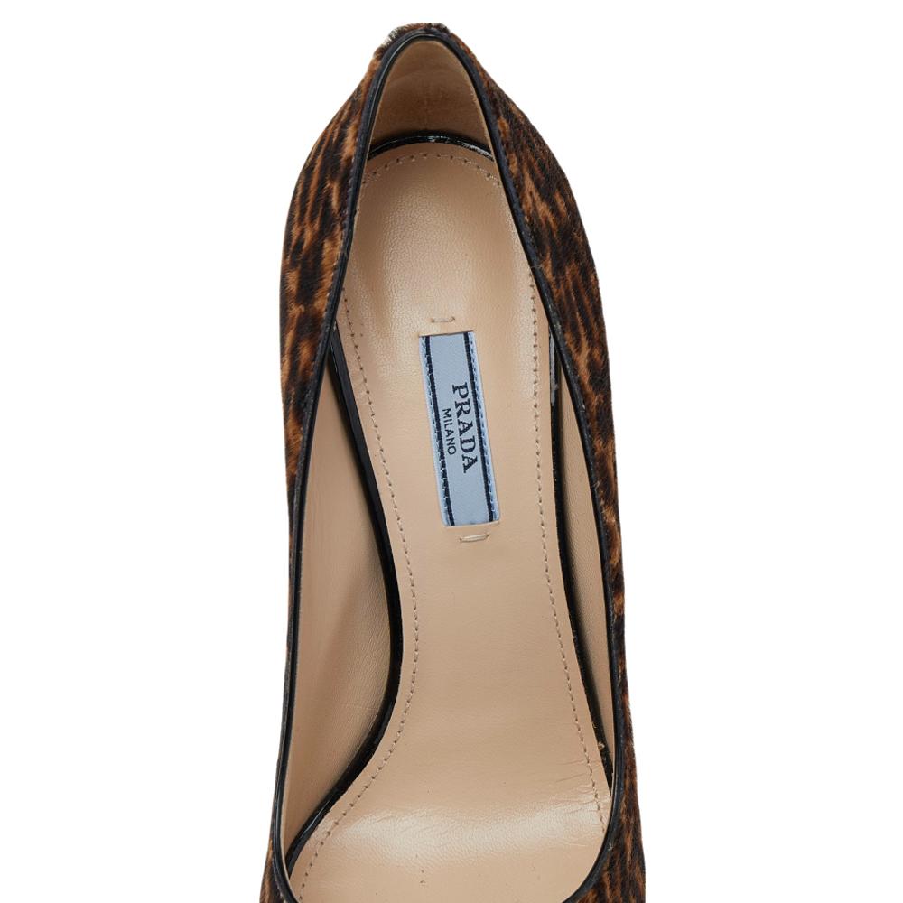 Prada Brown/Beige Leopard Print Calf Hair Peep Toe Pumps Size 40 2