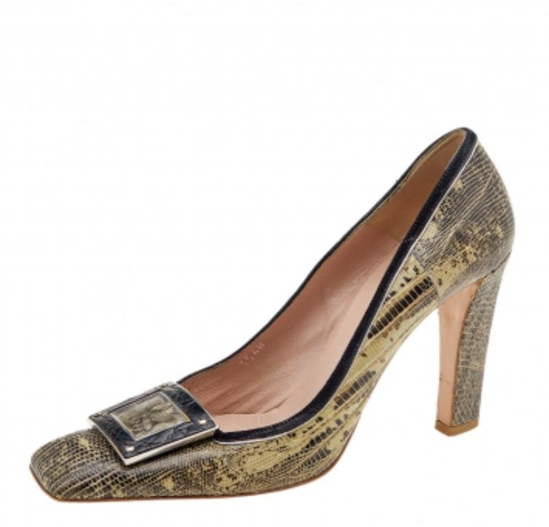 Prada Brown/Beige Lizard Leather Embellished Pumps Size 38.5 In Good Condition For Sale In Dubai, Al Qouz 2