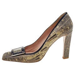 Used Prada Brown/Beige Lizard Leather Embellished Pumps Size 38.5