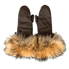 PRADA Brown & Beige Nylon Fox Fur Trim Gloves