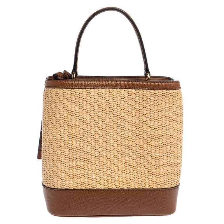 Prada Brown/Beige Raffia and Leather Medium Panier Top Handle Bag at ...