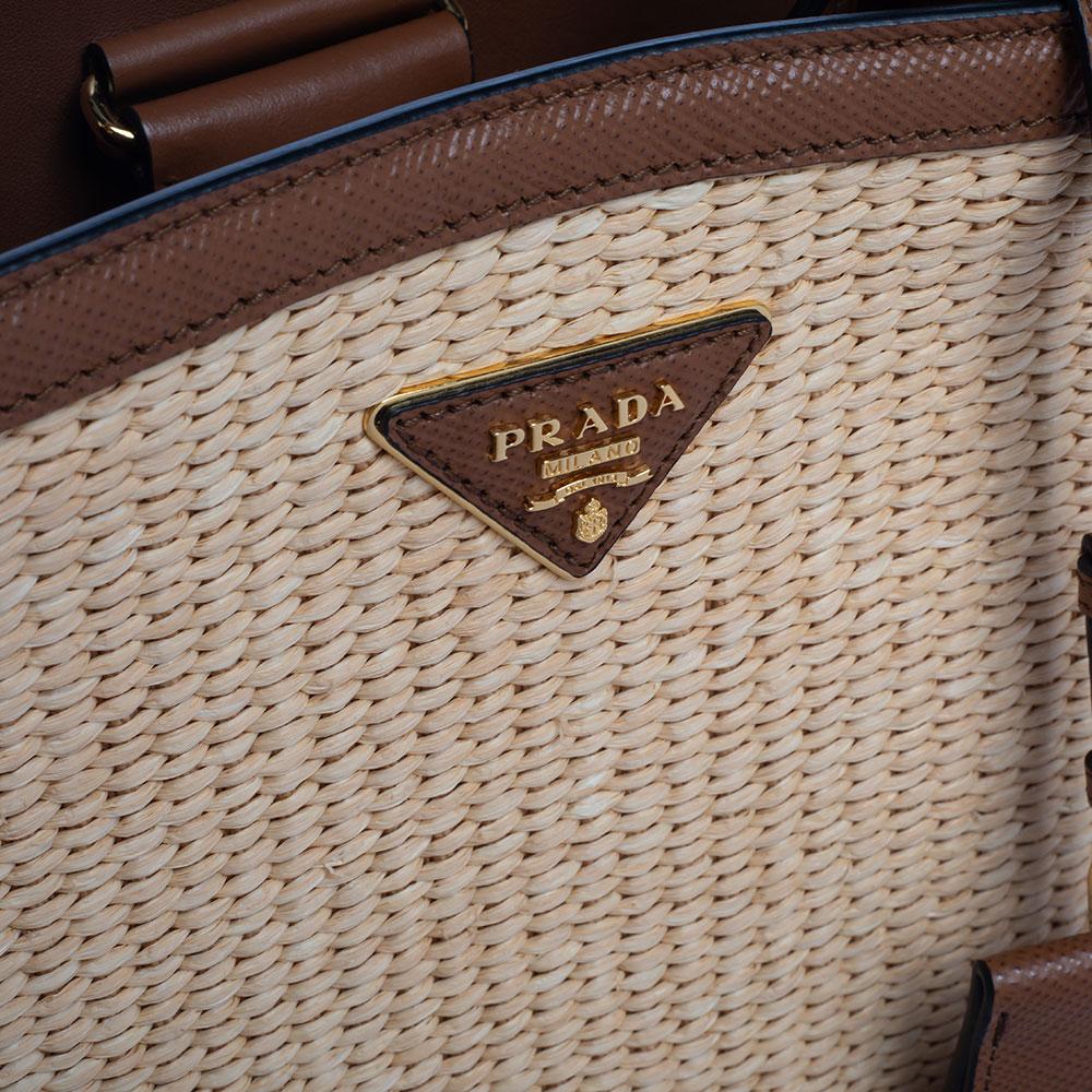 Prada Brown/Beige Raffia and Leather Medium Panier Top Handle Bag 1