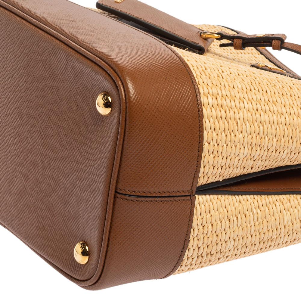 Prada Brown/Beige Raffia and Leather Medium Panier Top Handle Bag 2
