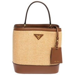 Prada Brown/Beige Raffia and Leather Medium Panier Top Handle Bag