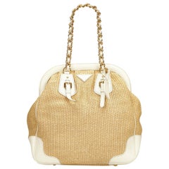 Prada Brown Beige Straw Natural Material Chain Shoulder Bag Italy