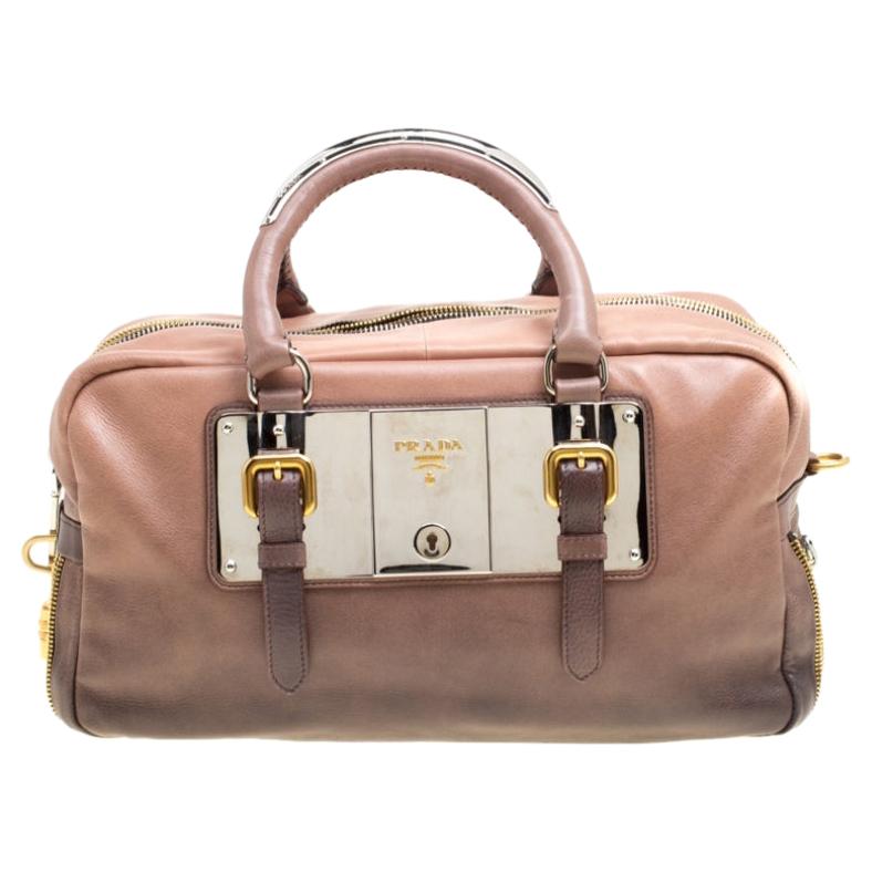 Prada Brown/Black Ombre Glace Leather Zippers Bauletto Bag