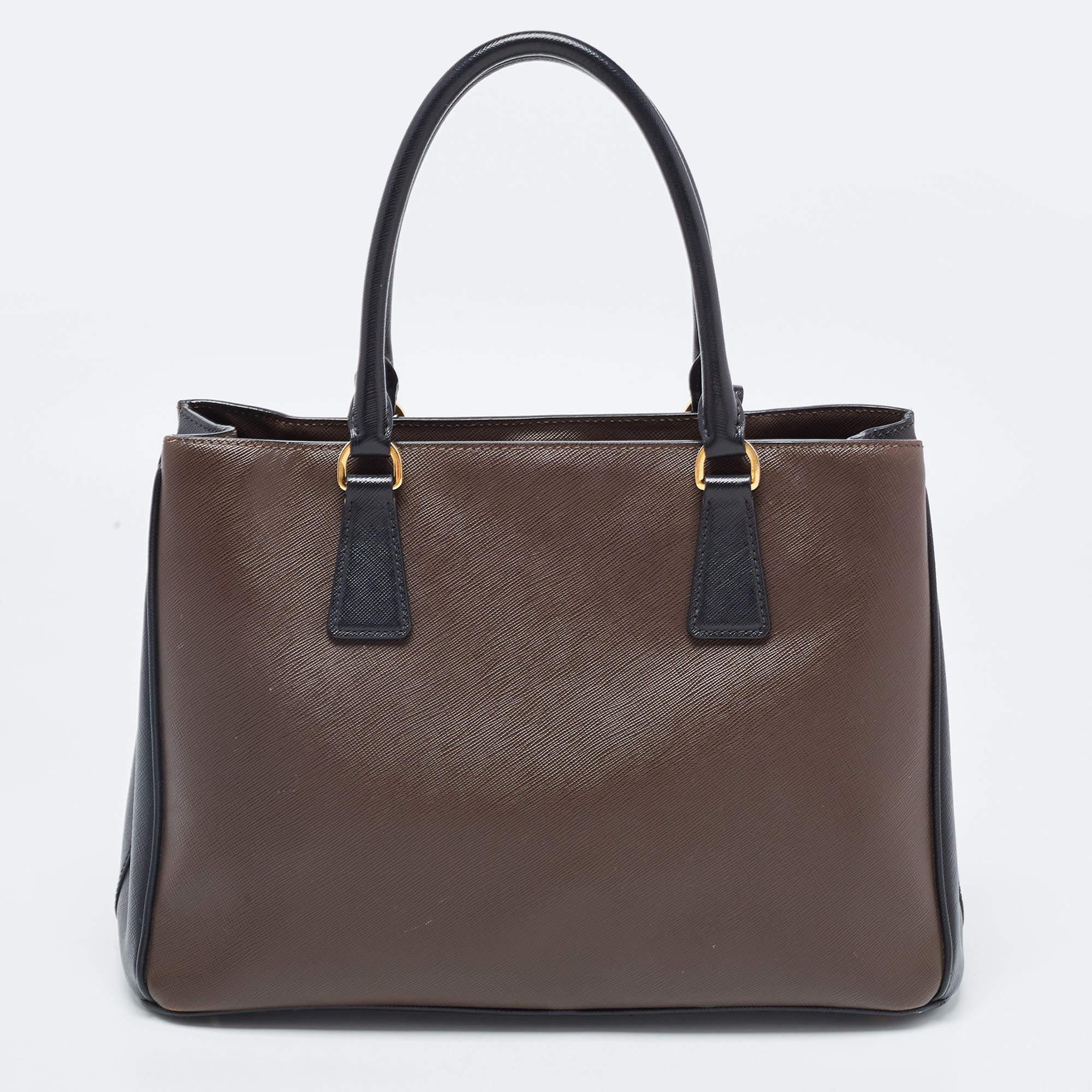 Prada Brown/Black Saffiano Leather Medium Galleria Double Zip Tote 9