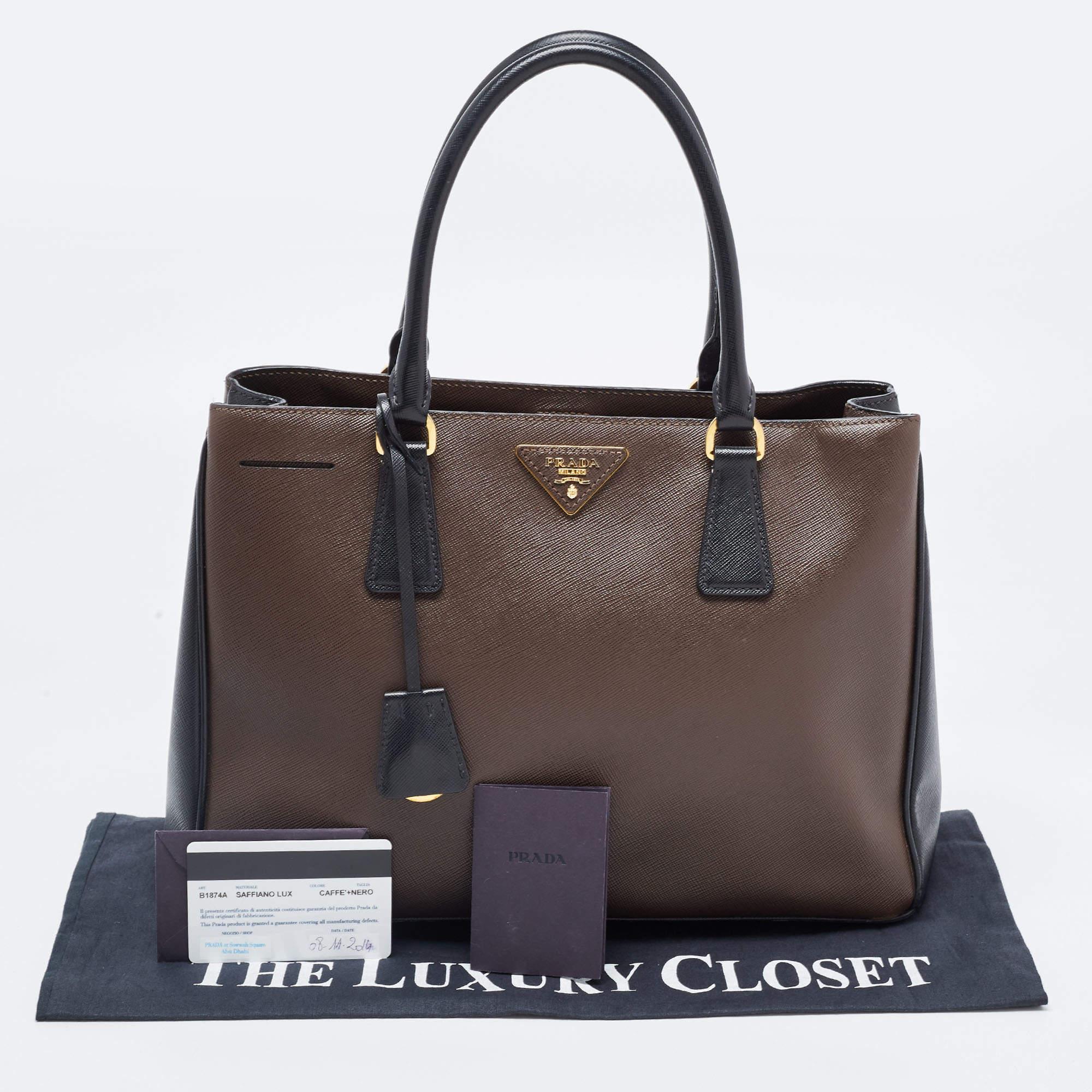 Prada Brown/Black Saffiano Leather Medium Galleria Double Zip Tote 14