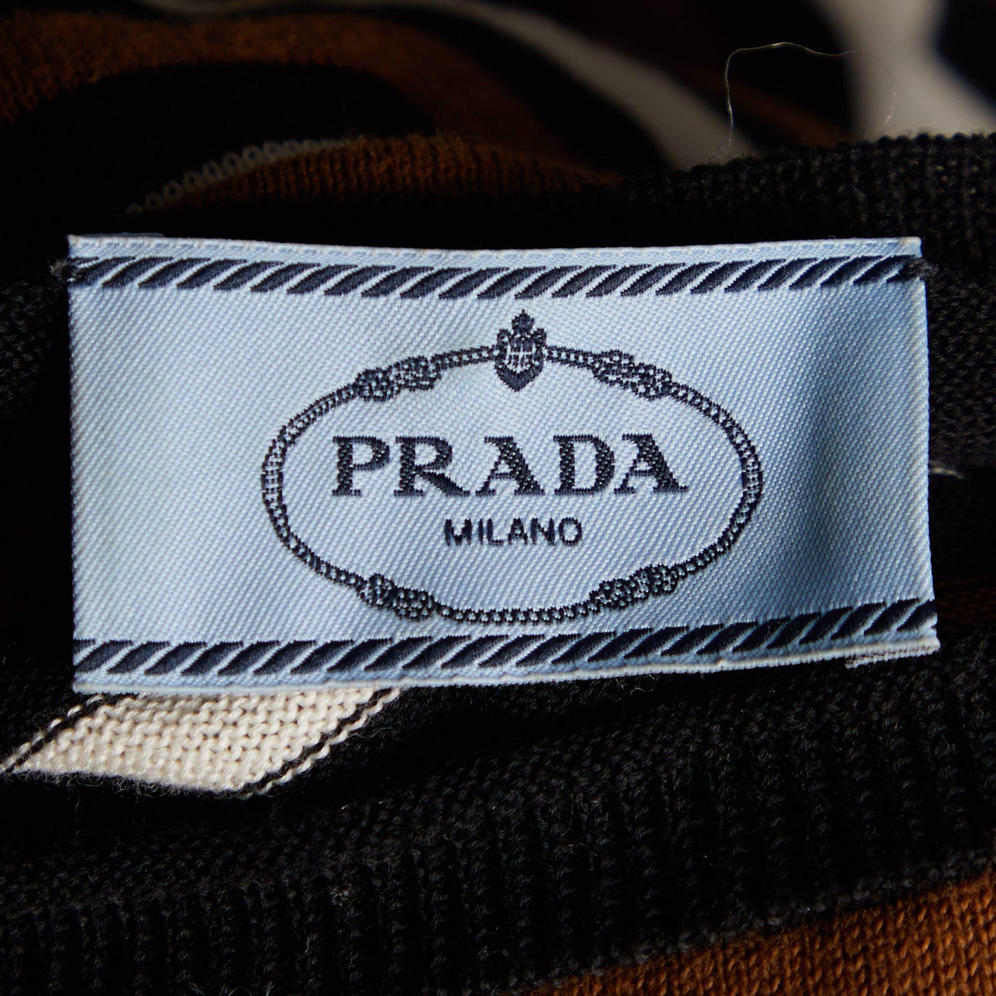 Prada Brown/Black Striped Cotton Knit Short Sleeve Top M In Good Condition For Sale In Dubai, Al Qouz 2