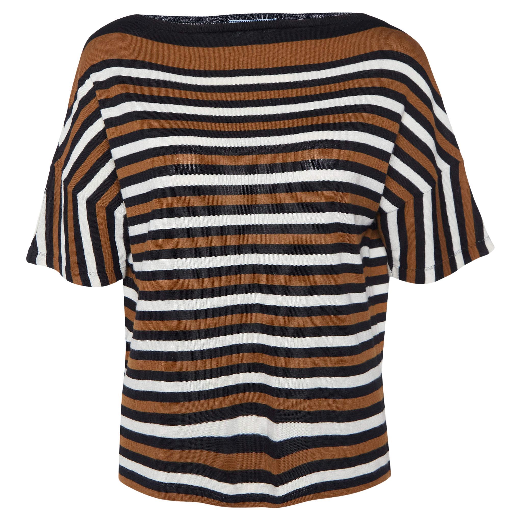 Prada Brown/Black Striped Cotton Knit Short Sleeve Top M For Sale