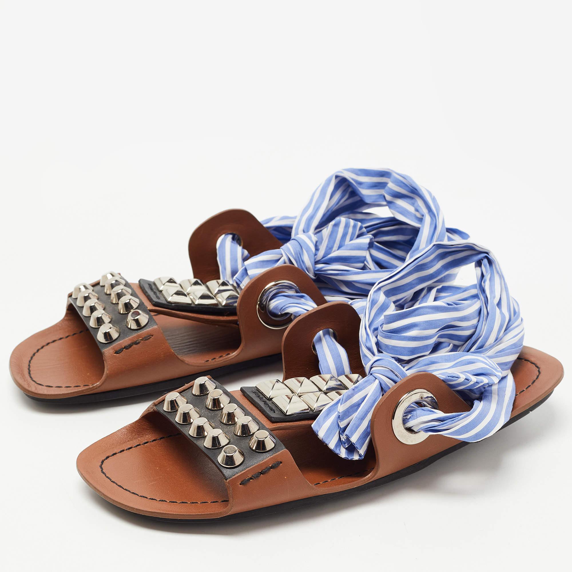 Gray Prada Brown/Blue Leather Studded Ribbon Flat Sandals Size 36