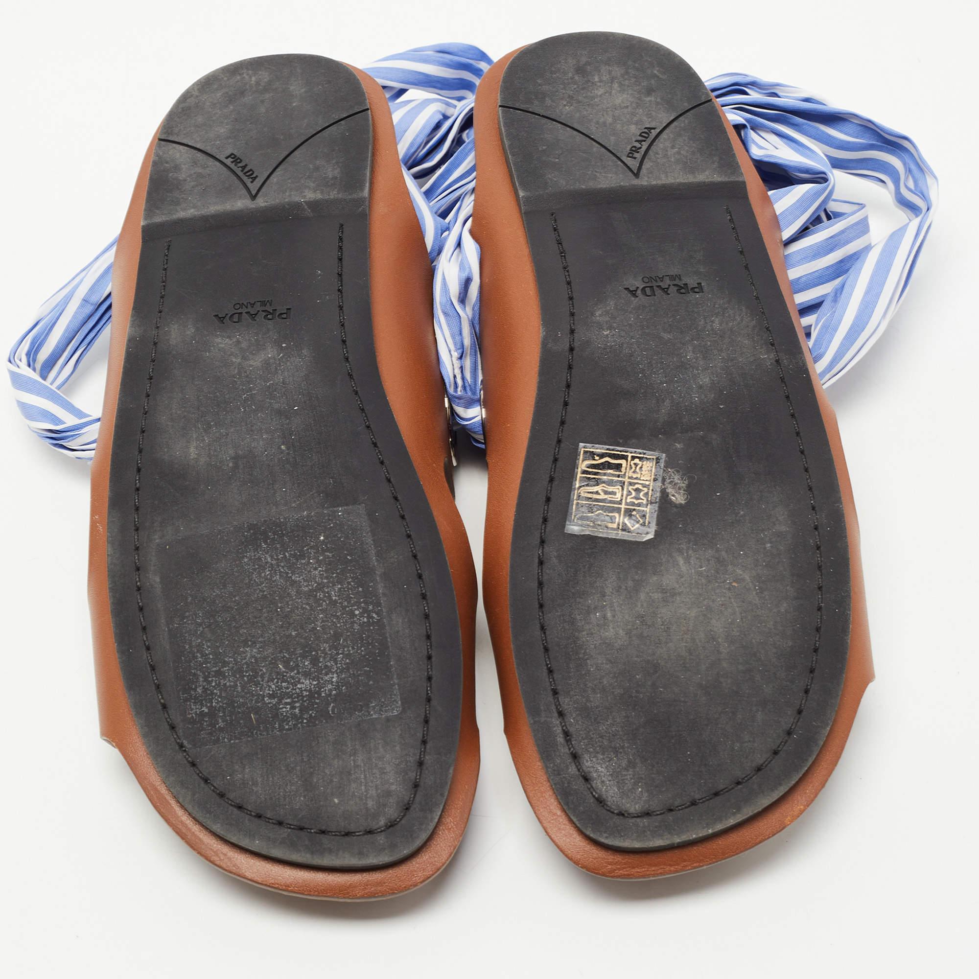Women's Prada Brown/Blue Leather Studded Ribbon Flat Sandals Size 36