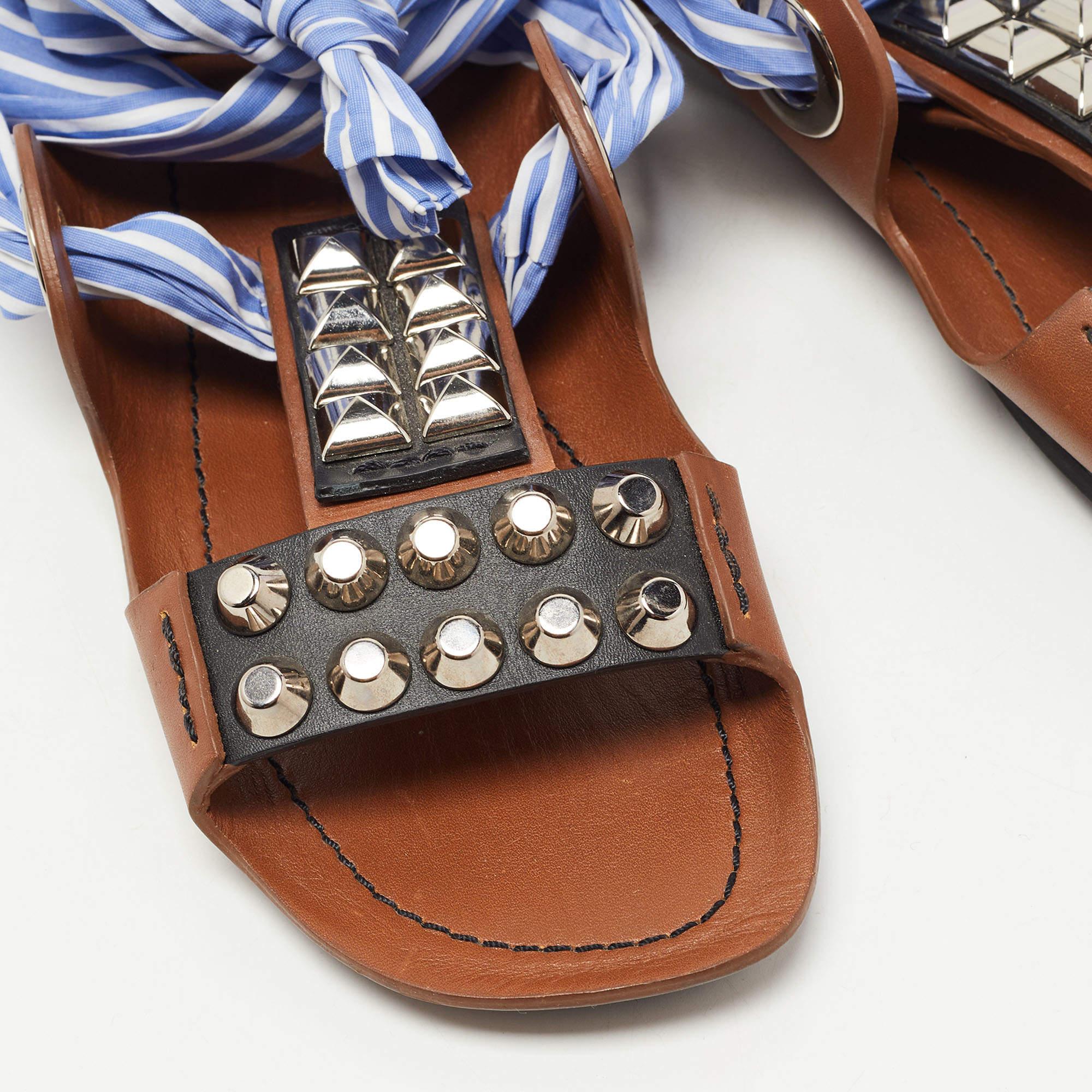 Prada Brown/Blue Leather Studded Ribbon Flat Sandals Size 36 1