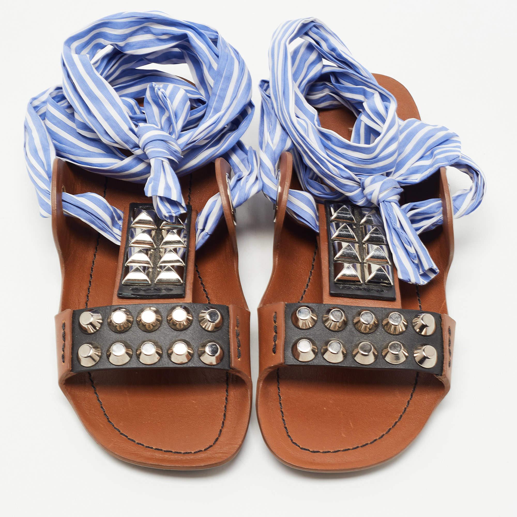 Prada Brown/Blue Leather Studded Ribbon Flat Sandals Size 36 2