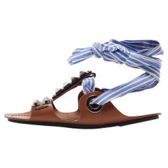 Prada Brown/Blue Leather Studded Ribbon Flat Sandals Size 36