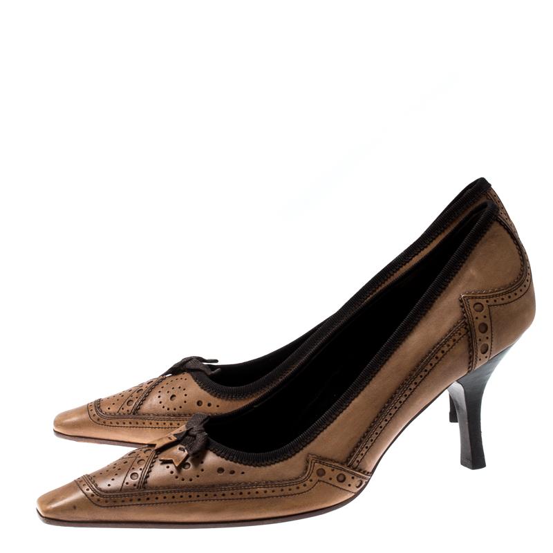 Women's Prada Brown Brogue Leather Pointed Toe Pumps Size 38