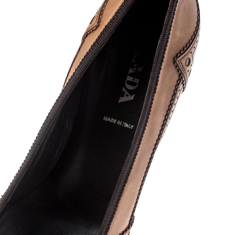 Prada Brown Brogue Leather Pointed Toe Pumps Size 38 1