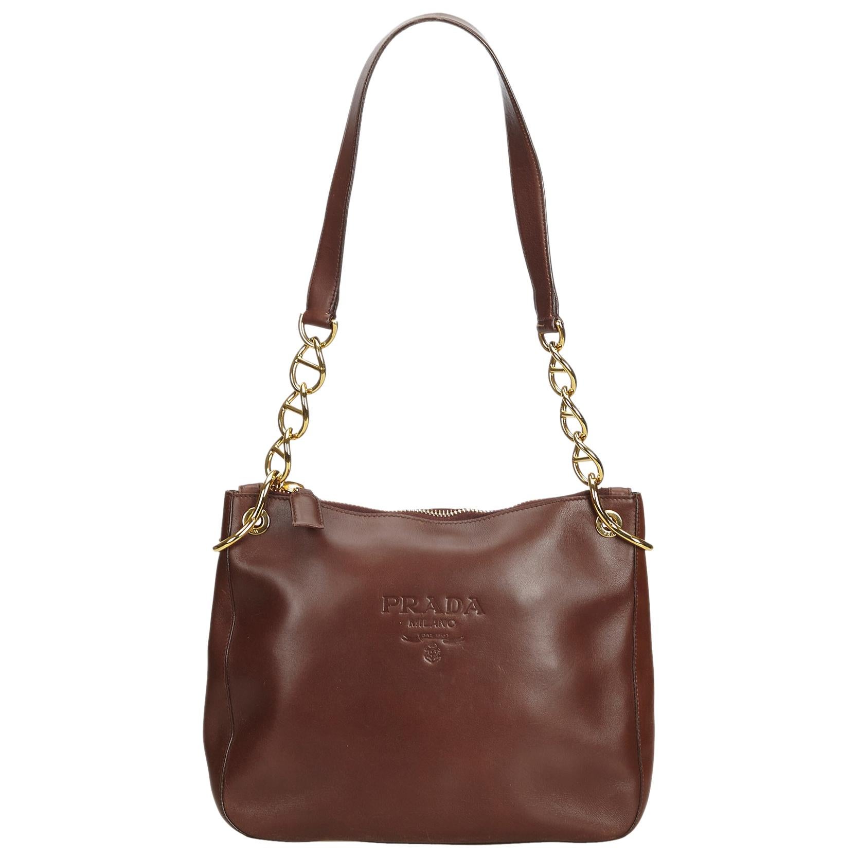 Prada Brown Calf Leather Chain Shoulder Bag Italy w/ Dust Bag