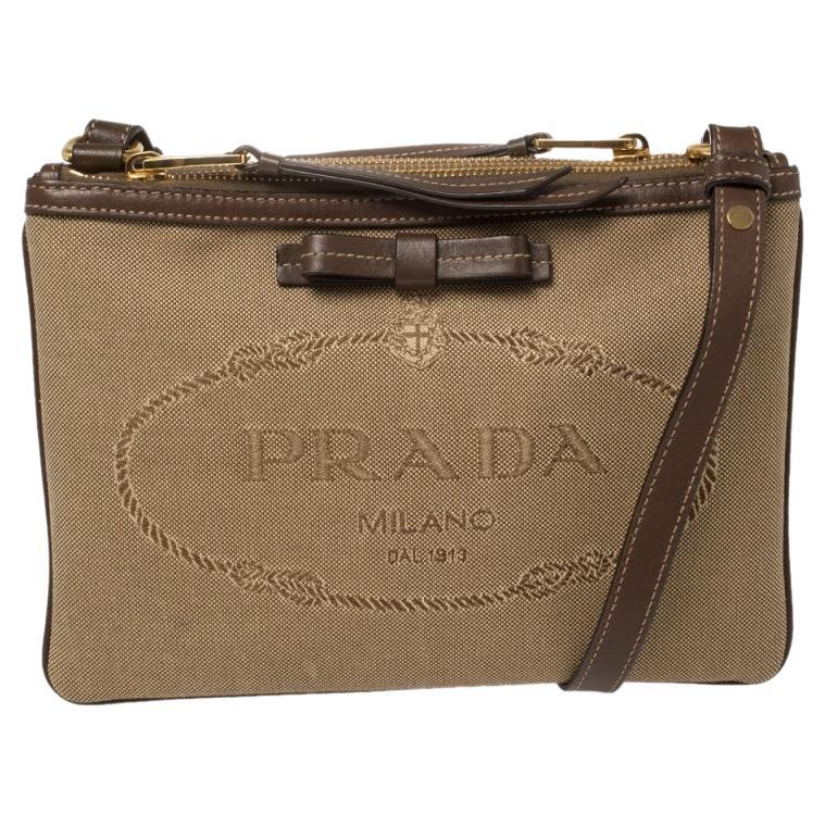 Prada Beige/Brown Logo Jacquard Fabric and Canvas Crossbody Bag at