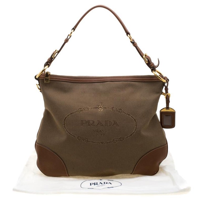Prada Brown Canvas and leather Jacquard Logo Hobo For Sale at 1stDibs
