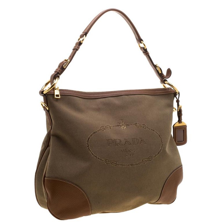 Prada Brown Canvas and leather Jacquard Logo Hobo For Sale at 1stDibs