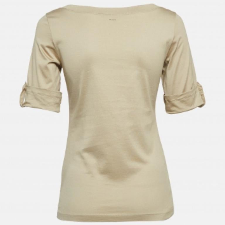 Camiseta Prada marrón de punto de algodón con cuello en V L en Excelente estado para la venta en Dubai, Al Qouz 2