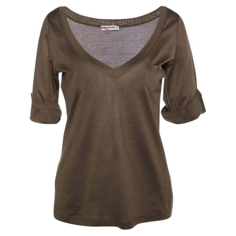 Prada Brown Cotton Knit V-Neck t-Shirt L For Sale