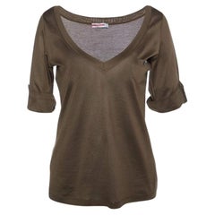 Prada Brown Cotton Knit V-Neck t-Shirt L