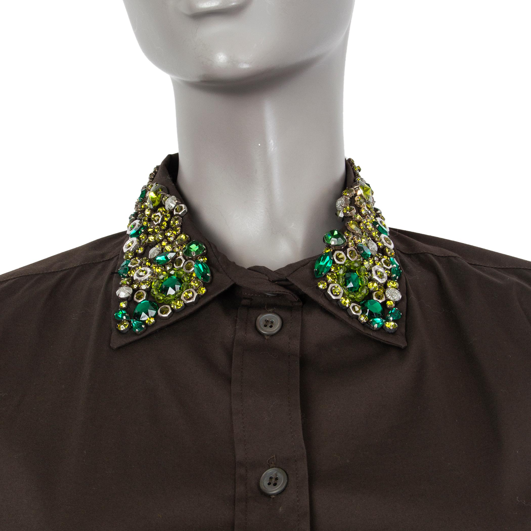 Black PRADA brown cotton RHINESTONE EMBELLISHED COLLAR Button Up Shirt 44 L For Sale