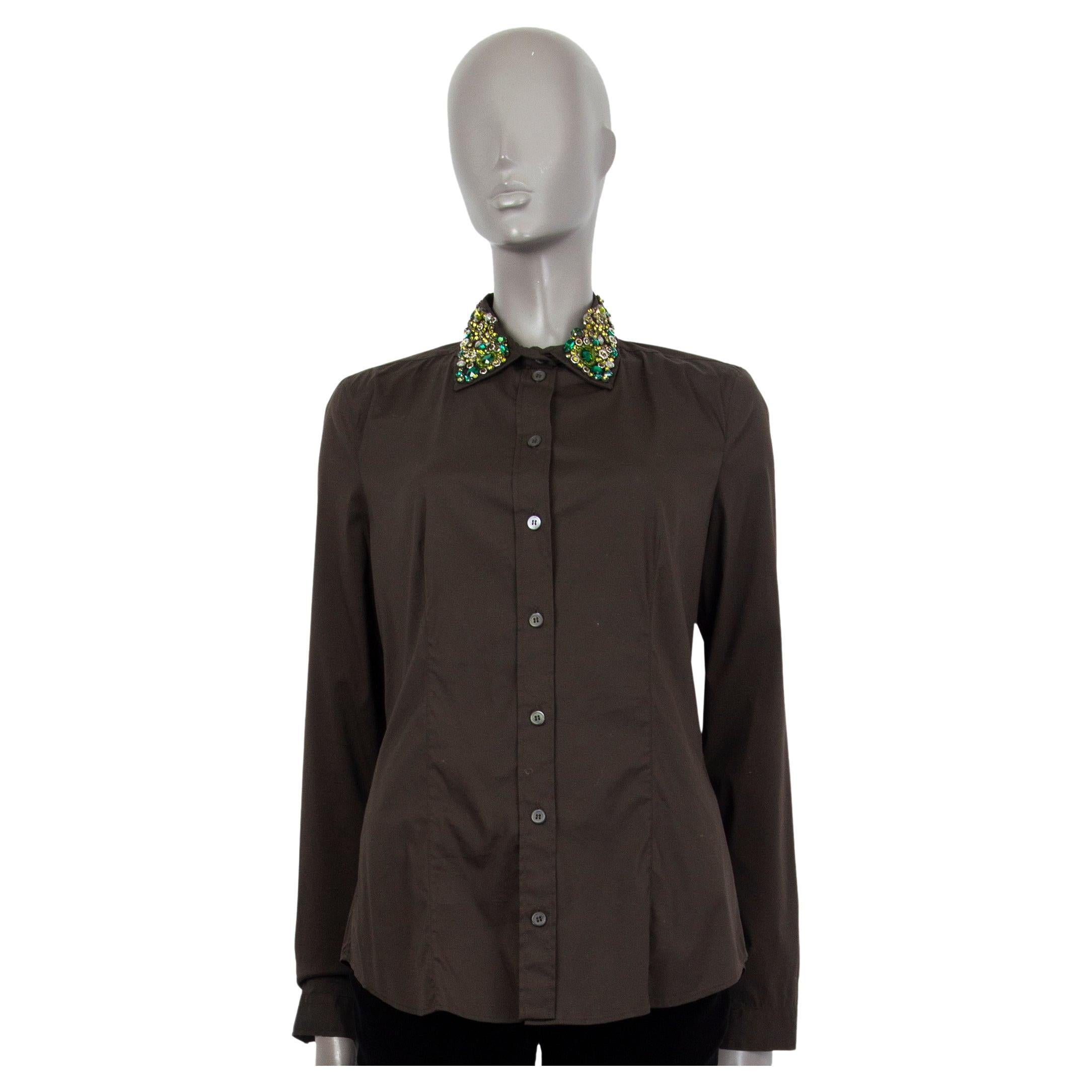 PRADA brown cotton RHINESTONE EMBELLISHED COLLAR Button Up Shirt 44 L For Sale