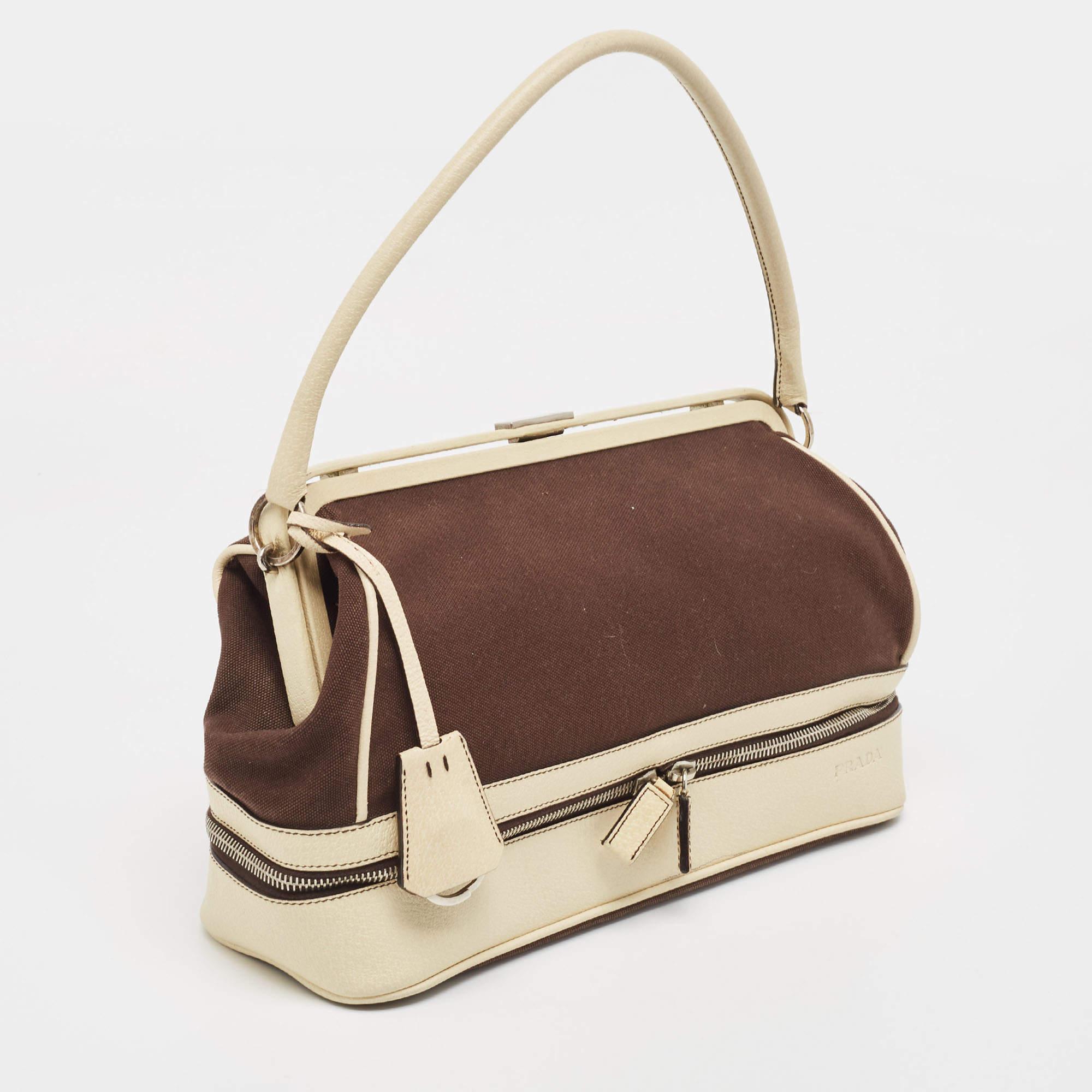 Women's Prada Brown/Cream Canvas and Leather Frame Doctor Bag For Sale