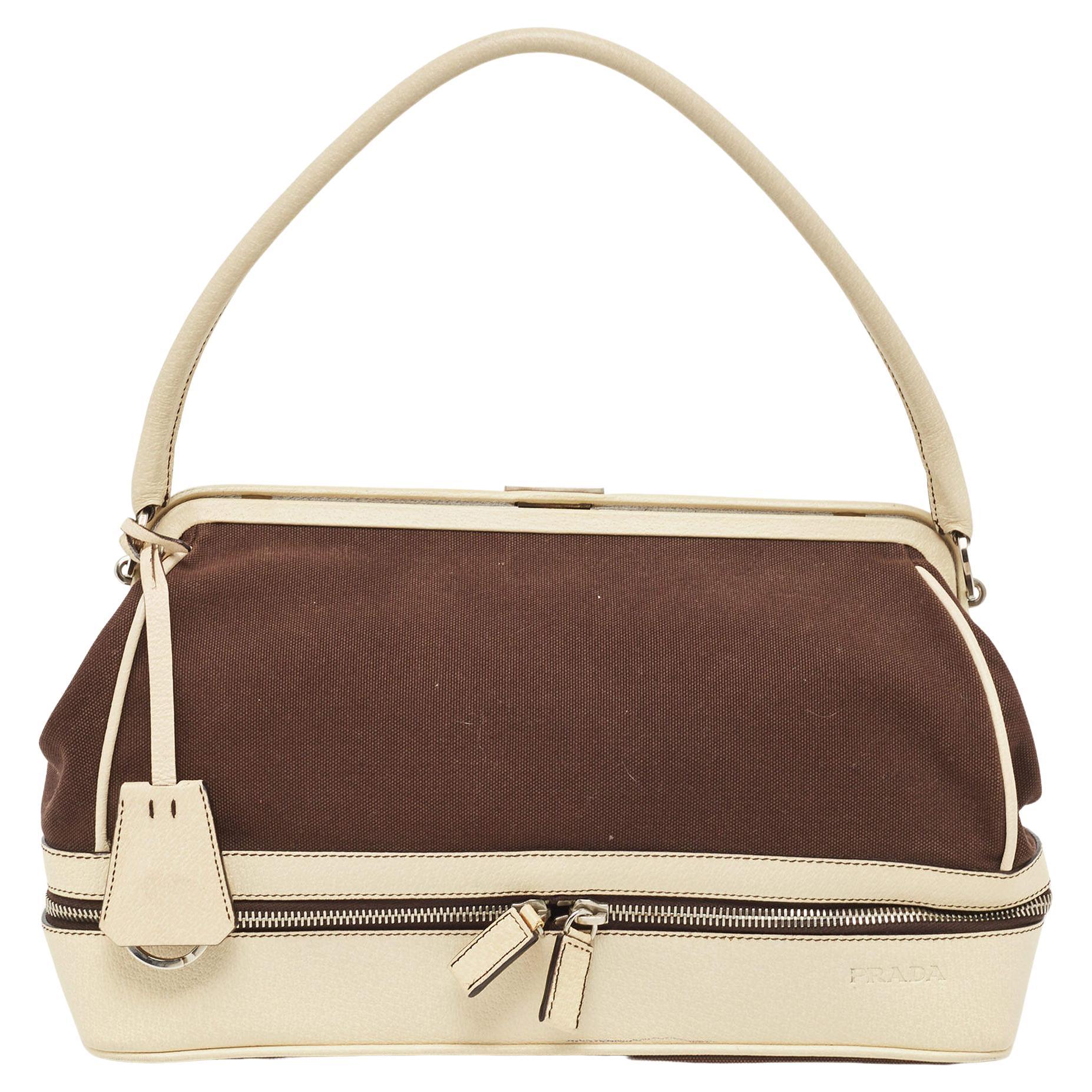 Prada Brown/Cream Canvas and Leather Frame Doctor Bag For Sale