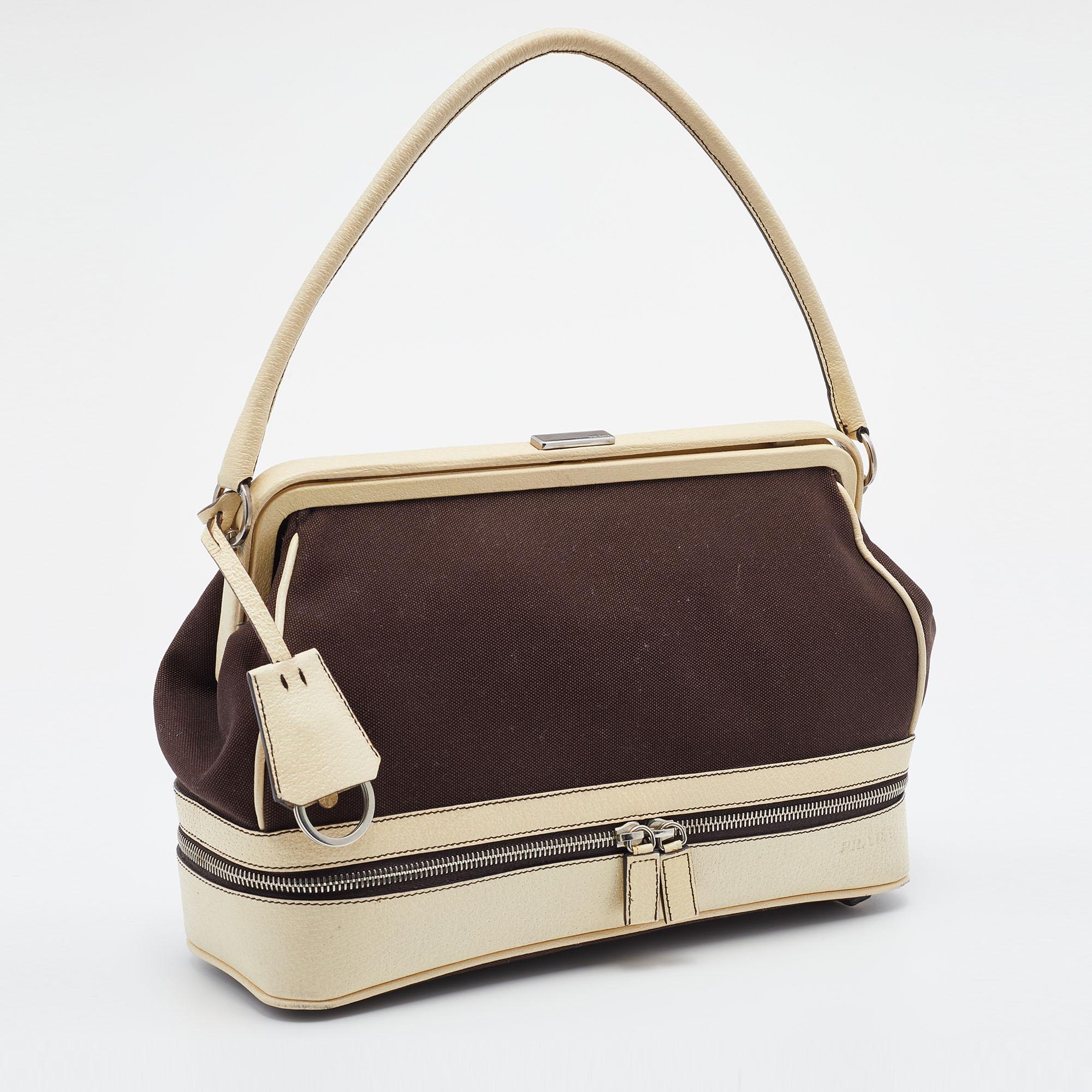 Prada Brown/Cream Canvas And Leather Frame Doctor's Bag In Good Condition In Dubai, Al Qouz 2