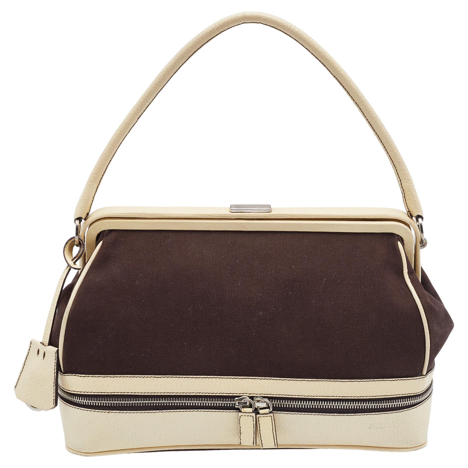 Prada Brown/Cream Canvas And Leather Frame Doctor's Bag