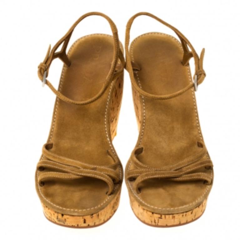 Marron Prada Brown Criss Cross Suede Ankle Strap Cork Wedge Sandals Size 40 en vente