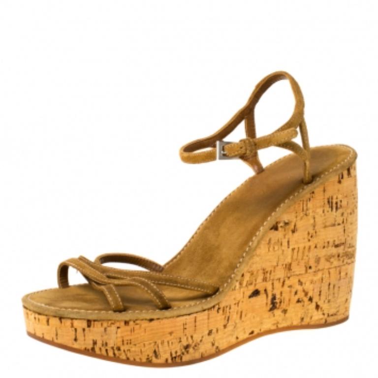 Prada Brown Criss Cross Suede Ankle Strap Cork Wedge Sandals Size 40 en vente 1