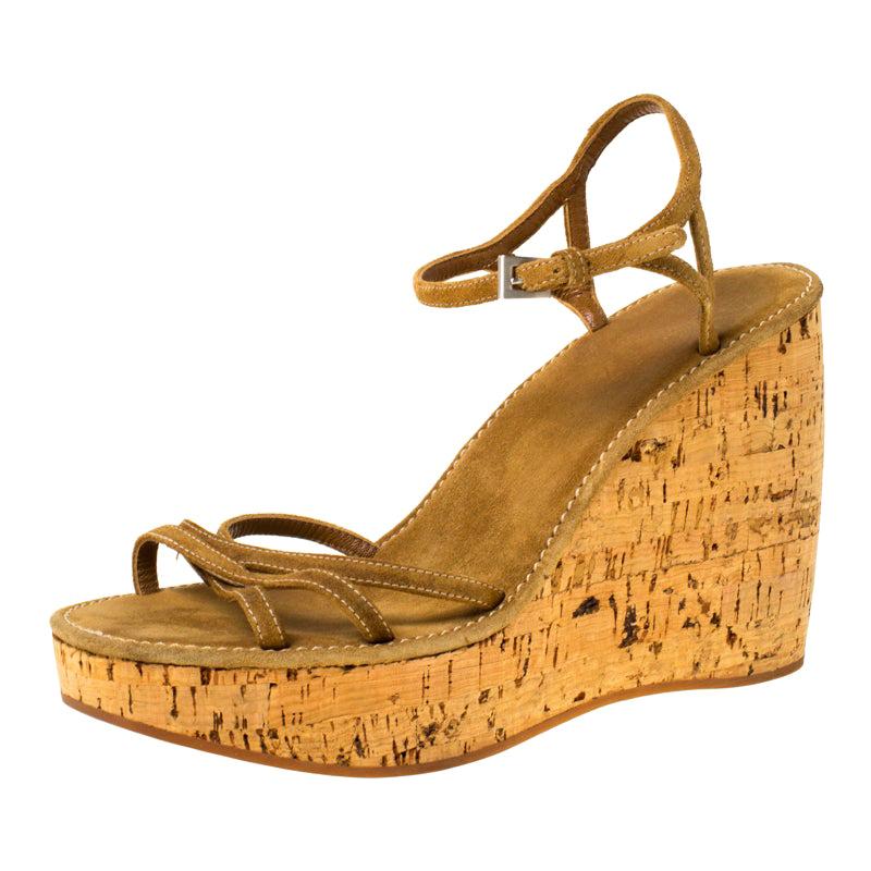 Prada Brown Criss Cross Suede Ankle Strap Cork Wedge Sandals Size 40 For Sale
