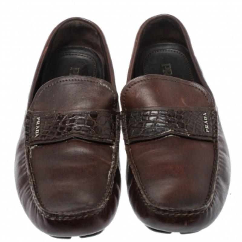 Prada Brown Croc And Leather  Slip On  Loafers Size 44.5 For Sale 2