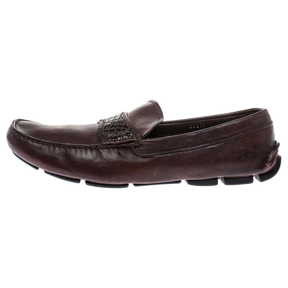Prada Brown Croc And Leather Slip On Loafers Size 44.5 For Sale
