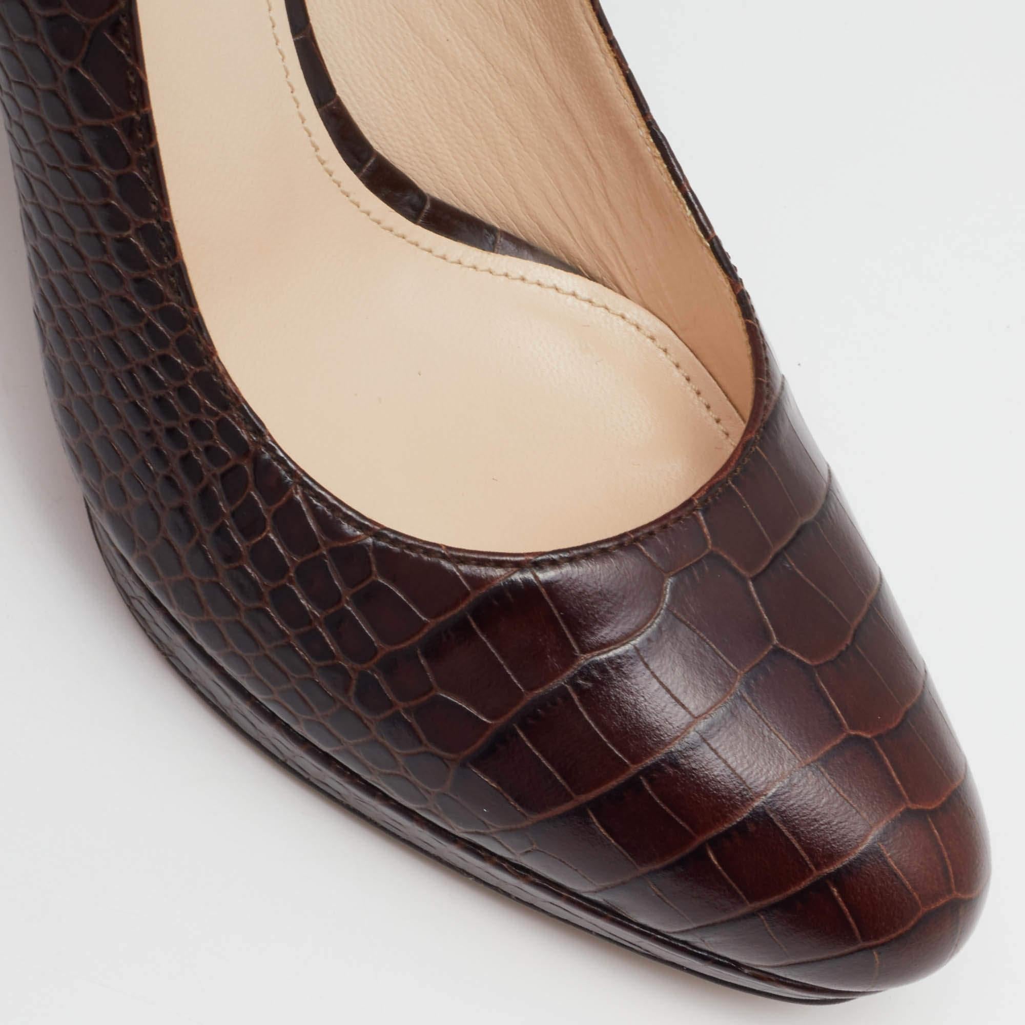 Women's Prada Brown Croc Embossed Leather Platform Pumps Size 37.5