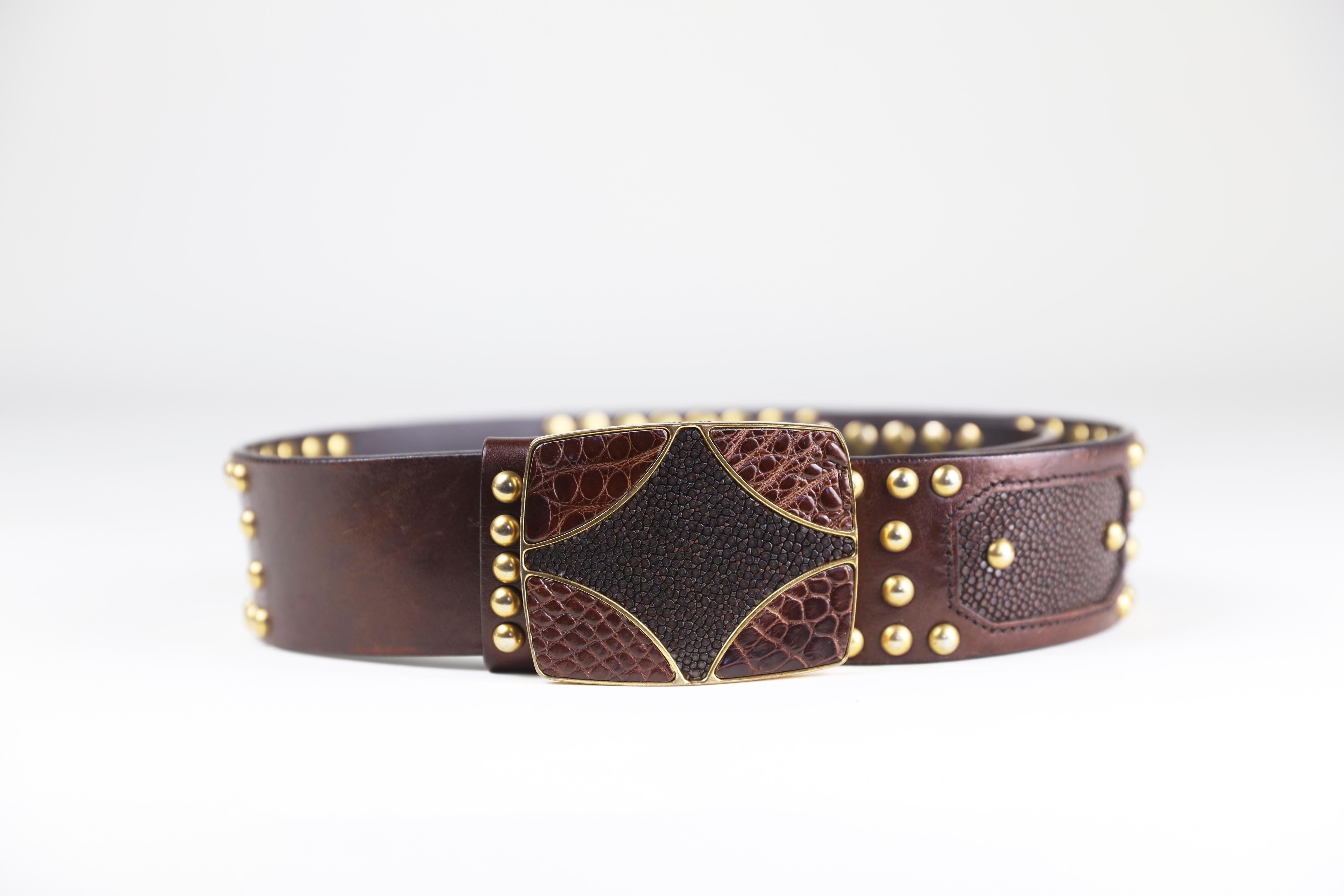 Black Prada Brown Size 32 Leather Studded Belt with Buckle